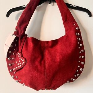 Burgundy crescent suede studded slouchy hobo bag - NEW with tags